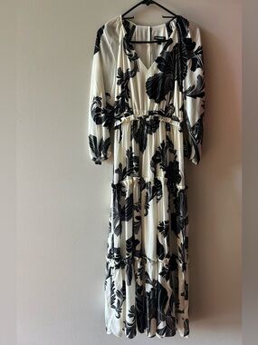 Express Black & White Floral Tiered Maxi Dress with V-Neck